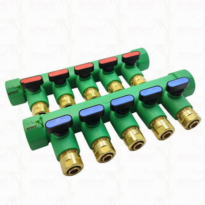 Manifolds PPR com válvula de bola Água quente Vermelho 5 maneiras Manifolds Logotipo personalizado e cor 25mm