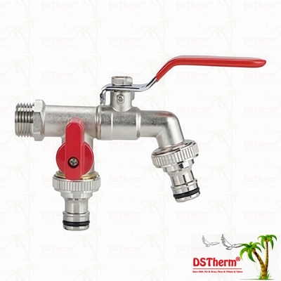 Torneira Econômica de Latão com Dupla Saída, Niquelada, com Manípulo Vermelho 1/2"*3/4"*3/4"