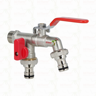 Torneira Econômica de Latão com Dupla Saída, Niquelada, com Manípulo Vermelho 1/2"*3/4"*3/4"