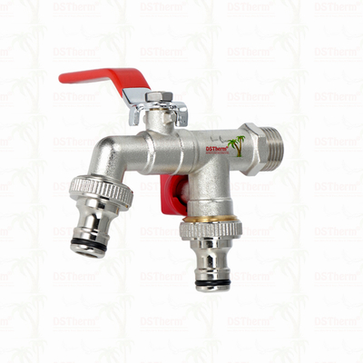 Torneira Econômica de Latão com Dupla Saída, Niquelada, com Manípulo Vermelho 1/2"*3/4"*3/4"