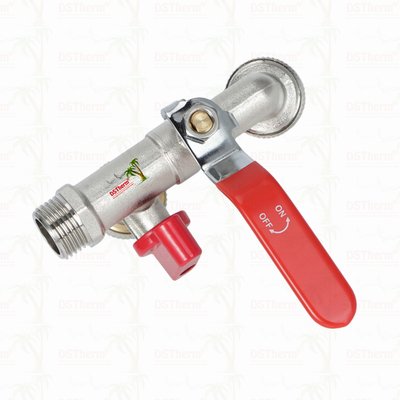 Torneira Econômica de Latão com Dupla Saída, Niquelada, com Manípulo Vermelho 1/2"*3/4"*3/4"